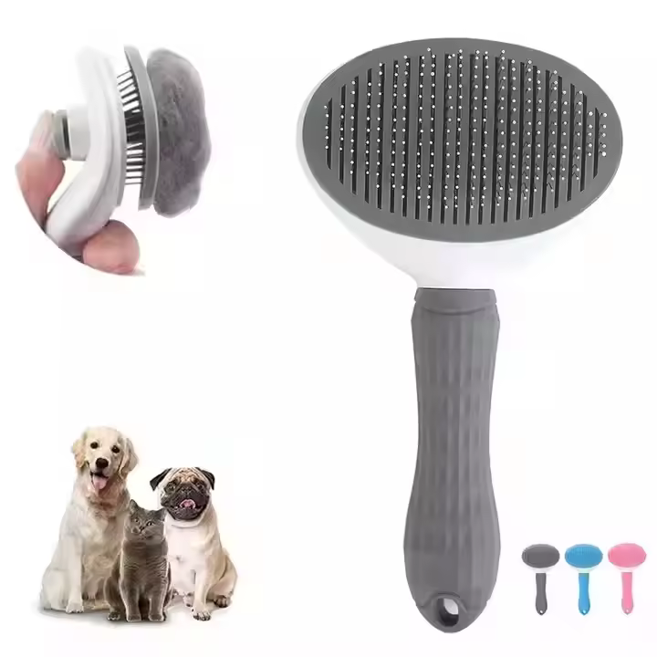 Gray self-cleaning brush for dogs and cats