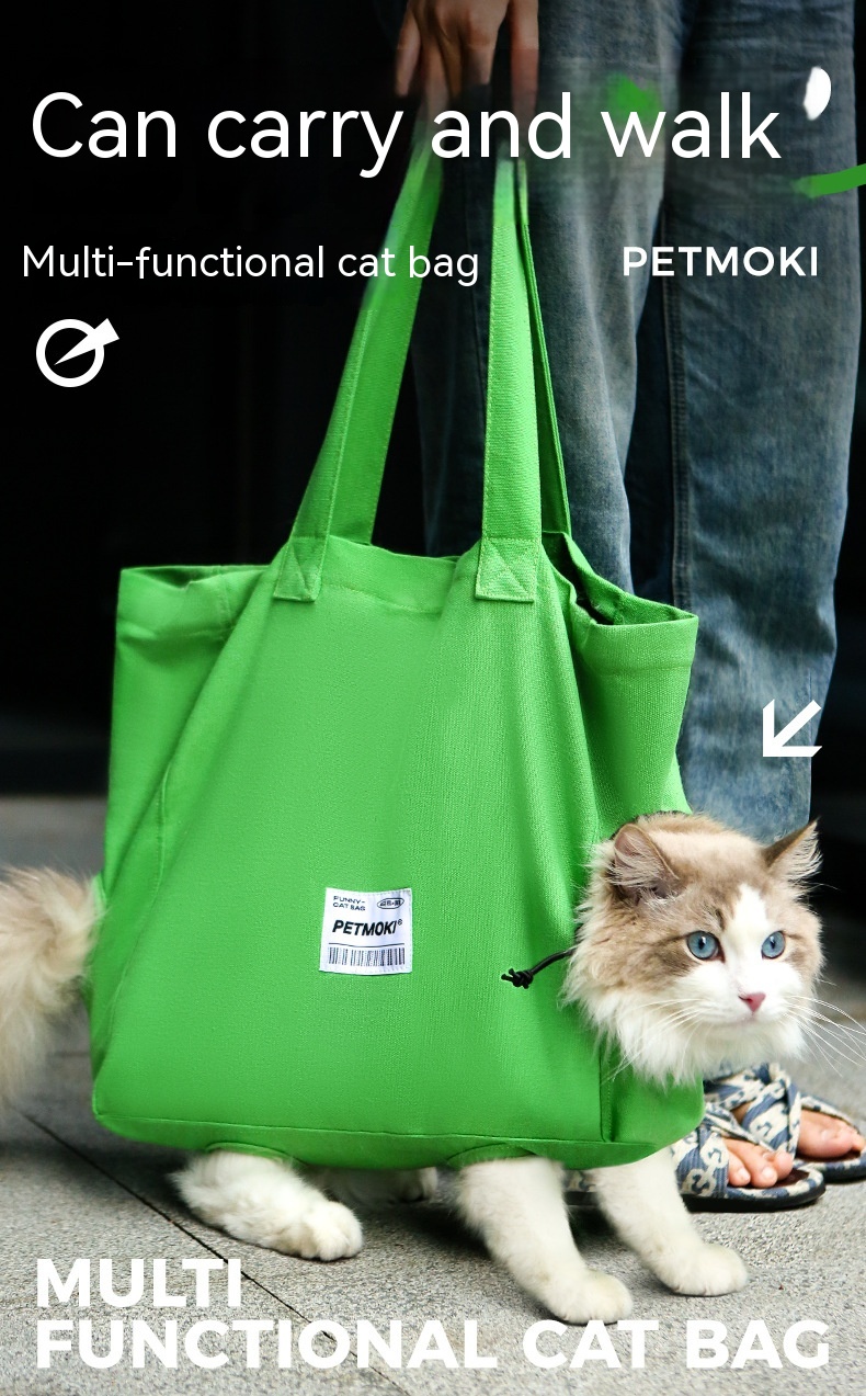 Green canvas bag for carrying a cat close to the body