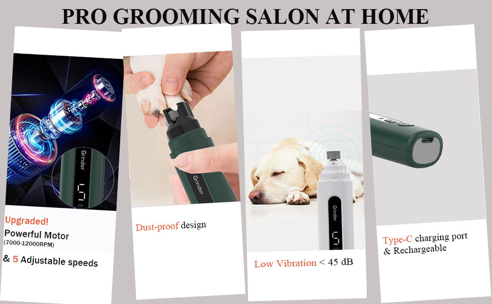 Green rechargeable pet nail grinder with light and speed control